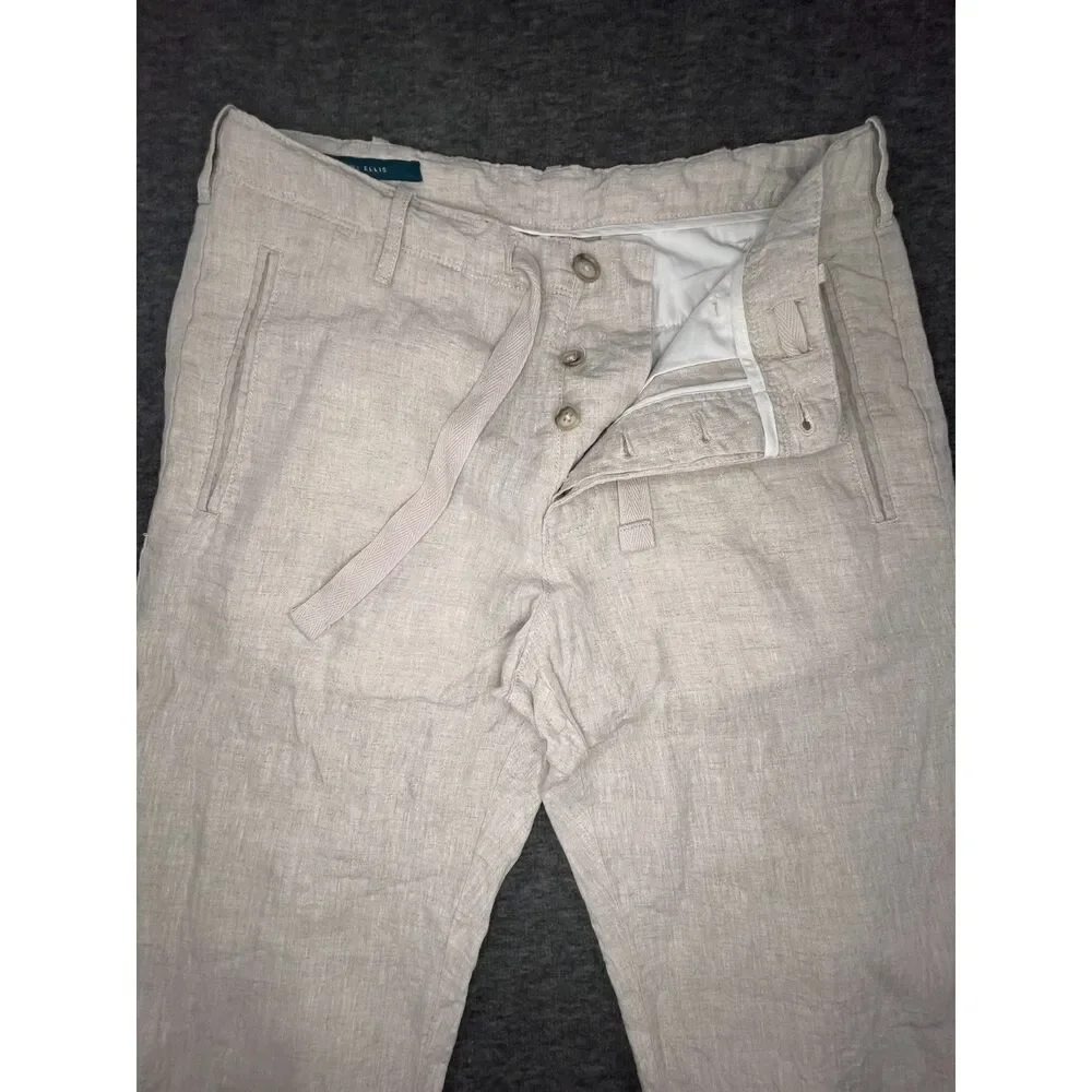 Perry Ellis Size 29(31) 100% Linen Flat Front Dress Pants Button Fly Cream Beach